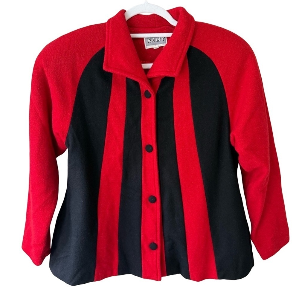 Ramy Brook Vintage 80s Vibrant Red and Black Colorblock Striped Blazer Size 38